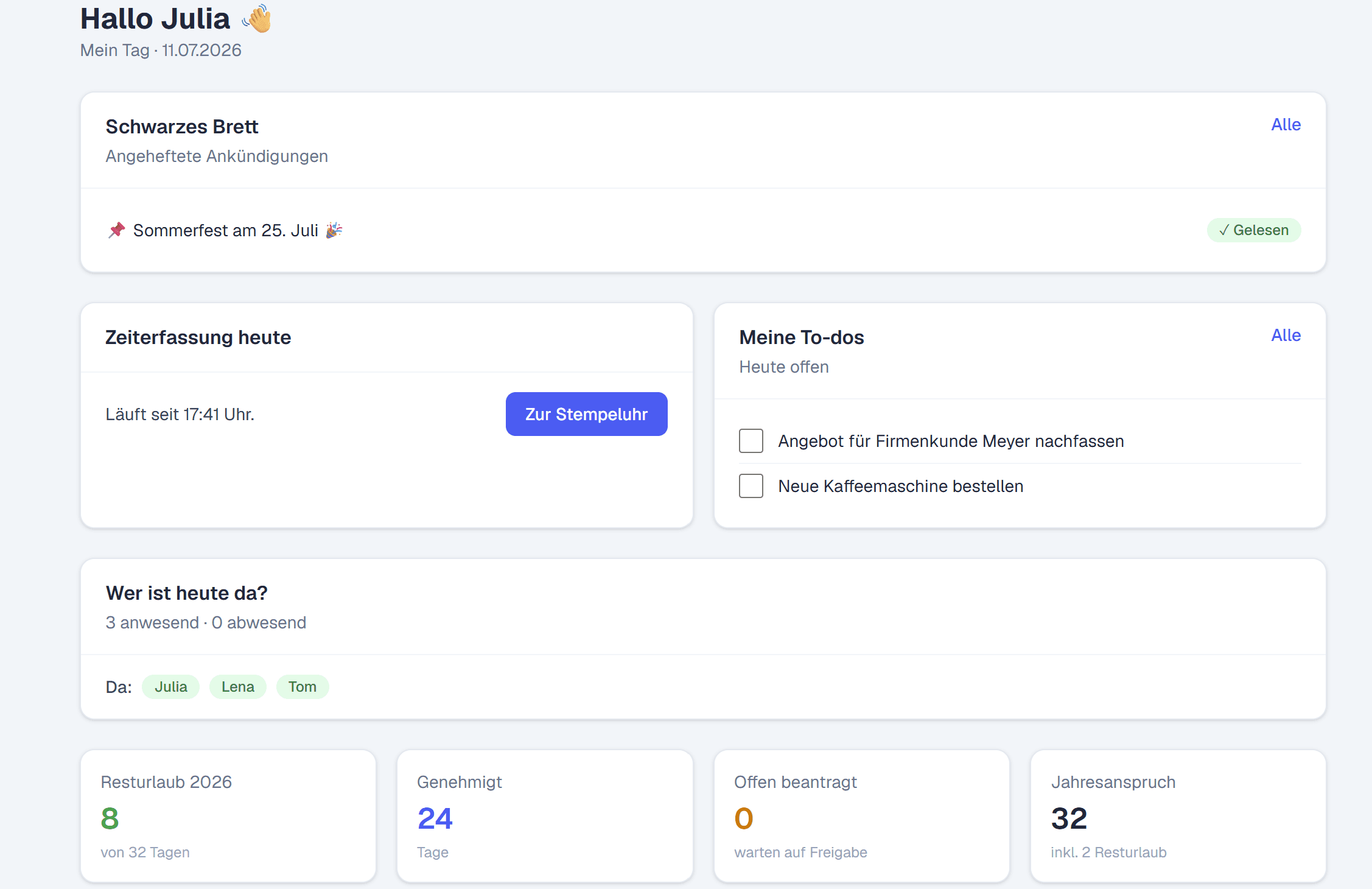 Dashboard-Übersicht mit Ankündigungen, To-dos und Team-Anwesenheit