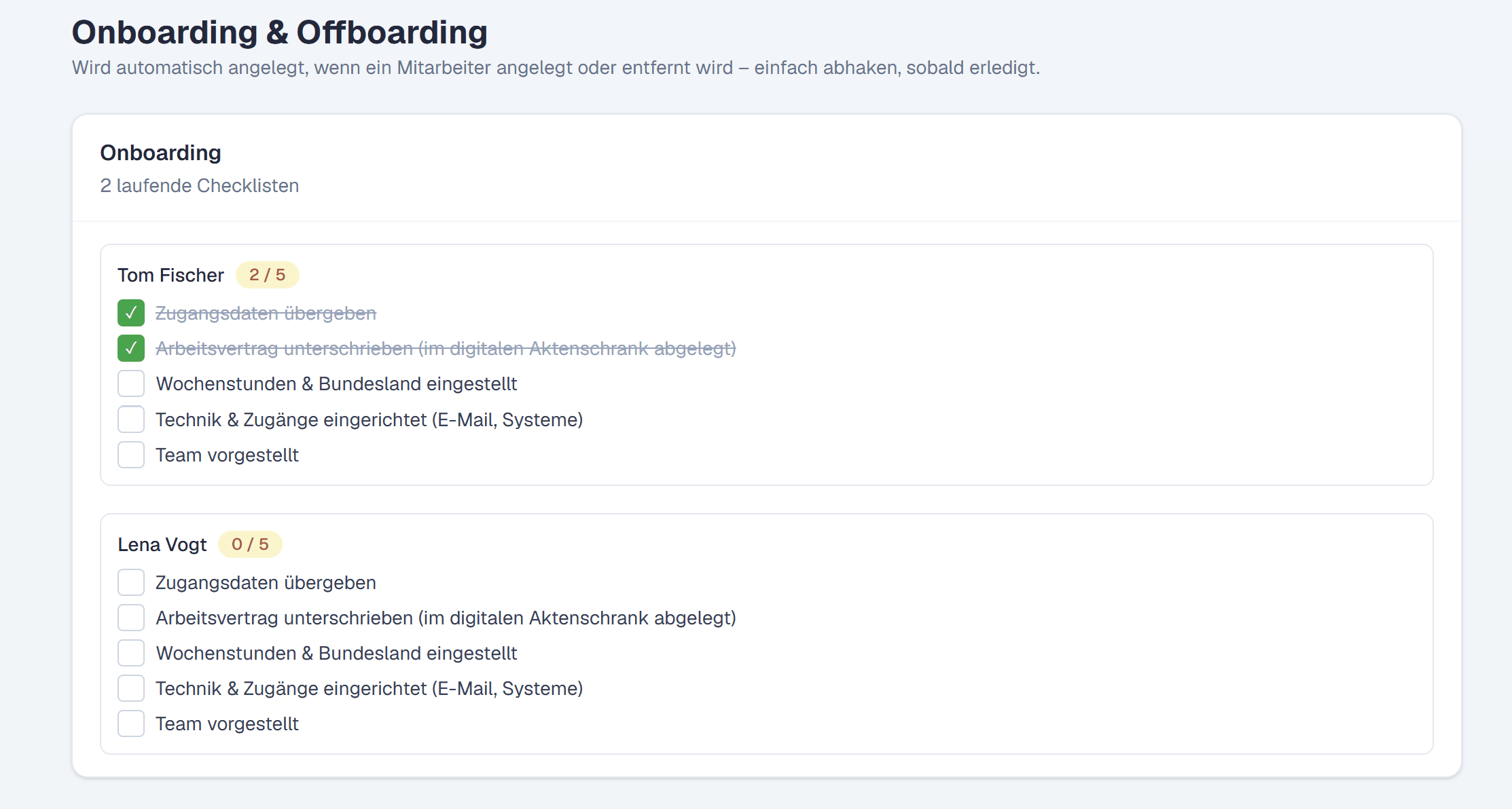 Automatisch erstellte Onboarding-Checkliste für neue Mitarbeiter